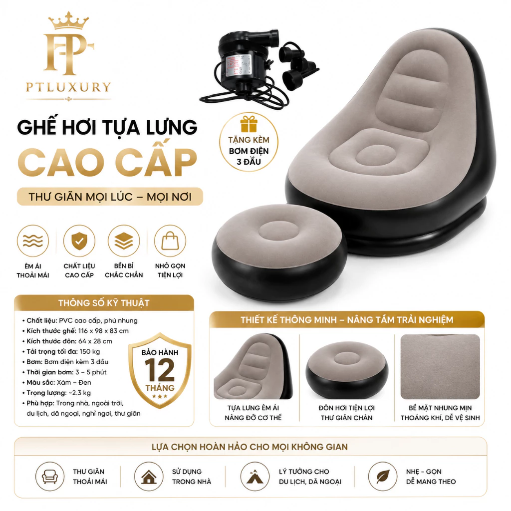 Ghế hơi tựa lưng bọc nhung cao cấp tặng kèm bơm 2 chiều