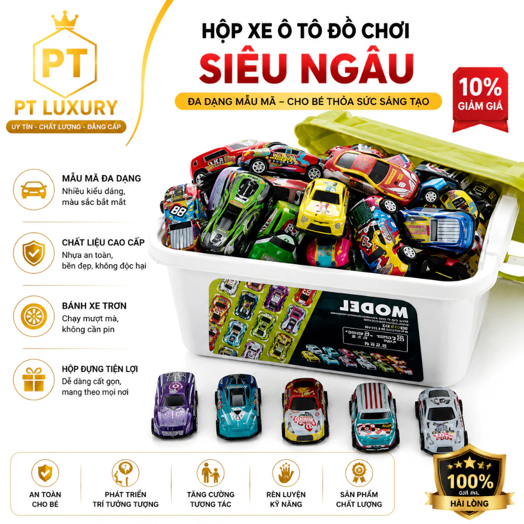 Hộp 30 ô tô đồ chơi FEINITE kèm hộp đựng có quai- hàng loại I, đồ chơi ô tô nhiều màu cho bé giá xưởng
