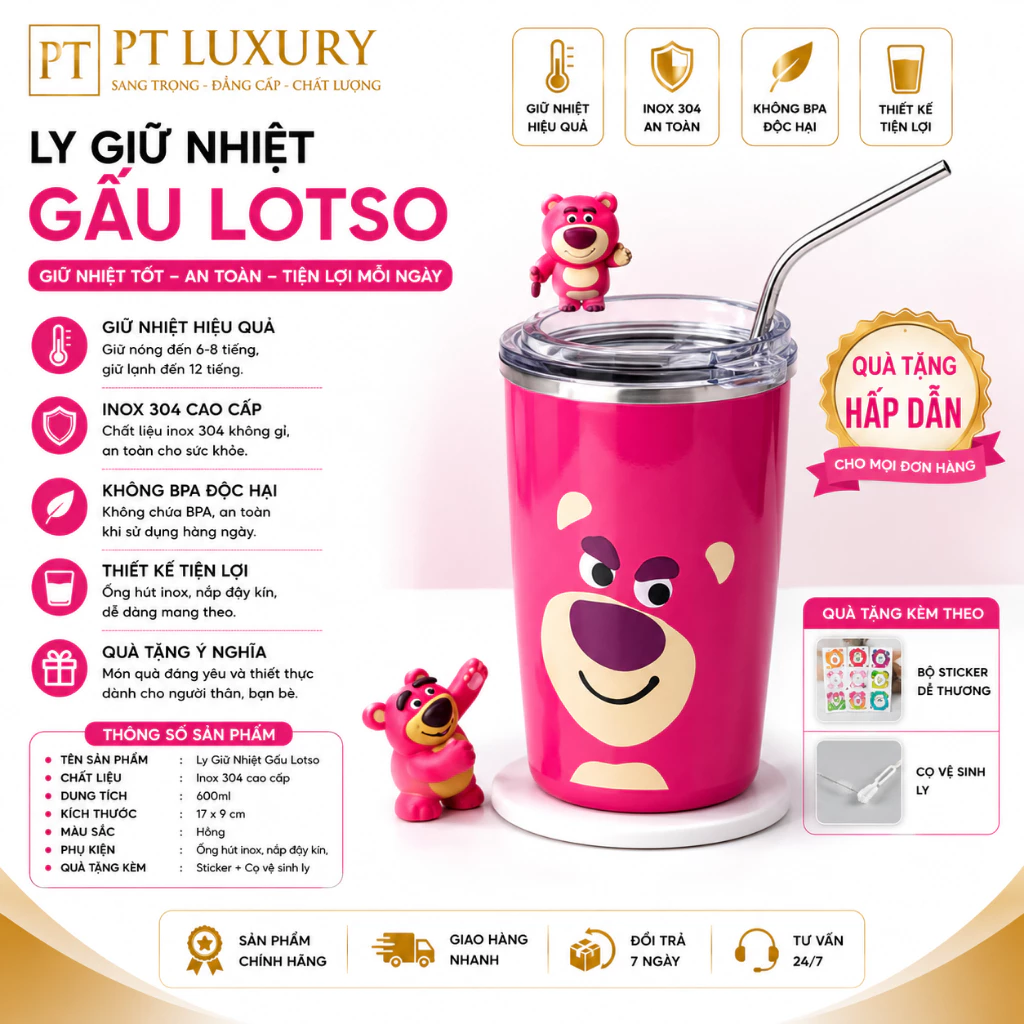 Cốc giữ nhiệt gấu dâu LOSTO siêu xinh lõi INOX 304 chống rỉ 450ml kèm ống hút
