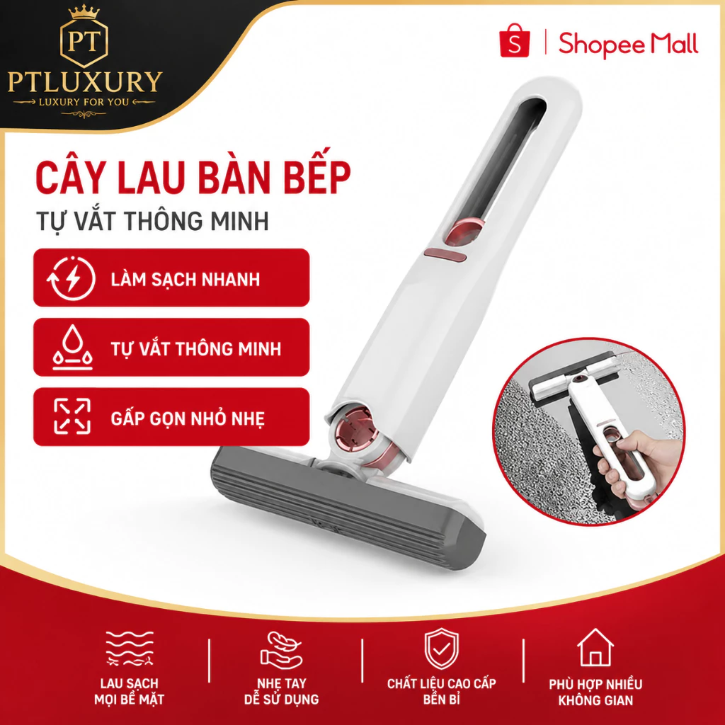 Cây Lau Đa Năng FEINITE Tự Vắt Thông Minh - Chổi Lau Bàn Bếp Mini Lau Phòng Tắm Kính Xe Hơi Bóp Tay
