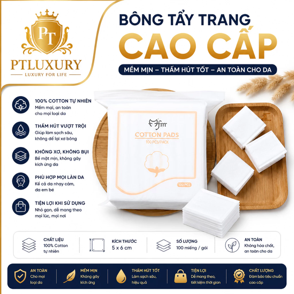 [ COMBO 5 GÓI ] Bông Tẩy Trang Làm Sạch Mỹ Phẩm 3 Lớp Cotton Túi 222 miếng mềm mại