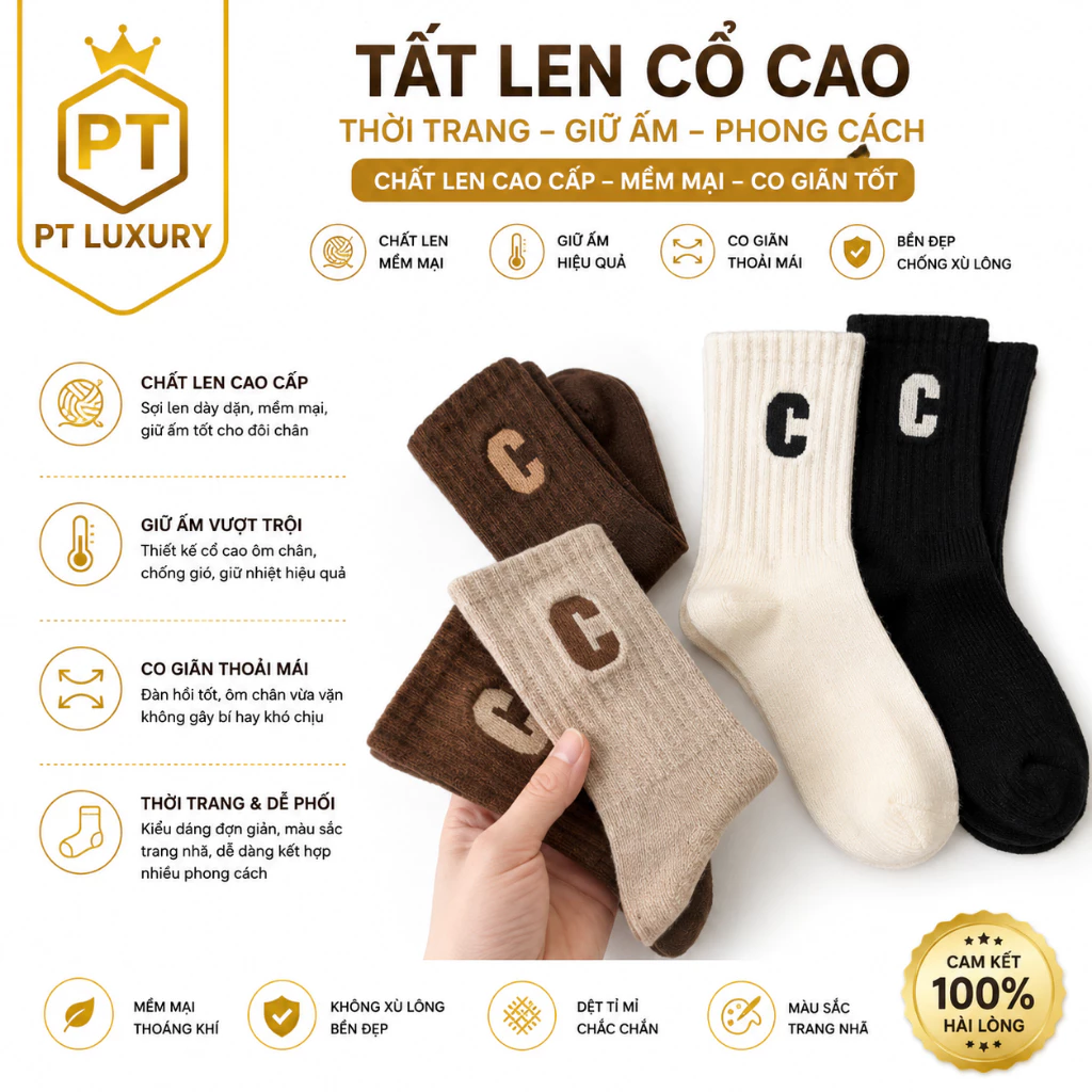 [ COMBO 10 ĐÔI ] Tất cotton dày cổ cao, ấm áp với gân dọc, co giãn linh hoạt cho mọi hoạt động - PTLUXURY