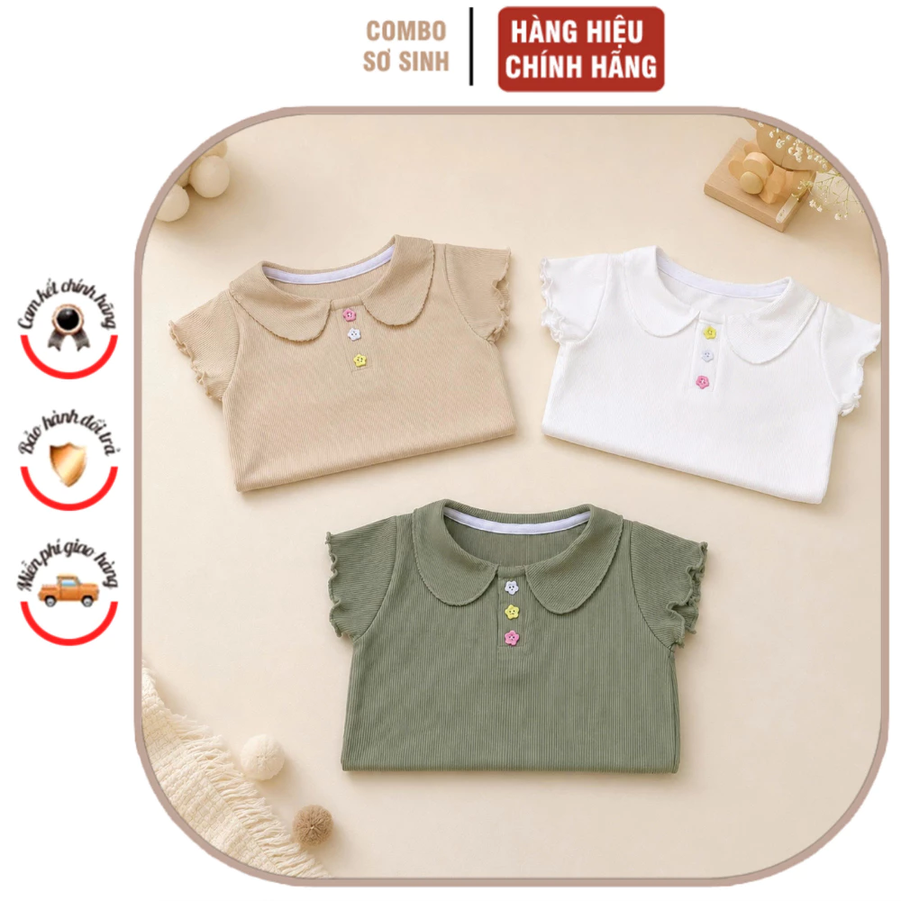 Áo cổ sen thun tăm cho bé gái - Mềm mại, thoáng khí, thấm hút mồ hôi cúc hoa xinh xắc size 9M-4Y và 8-17kg.