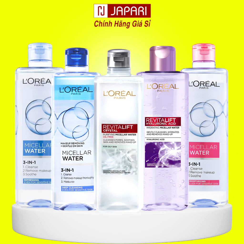 Nước Tẩy Trang Loreal Tím/Xám 400ml Micellar Water CHÍNH HÃNG-Tẩy Trang L Oreal Cho Da Dầu Mụn Khô Nhạy Cảm Japari