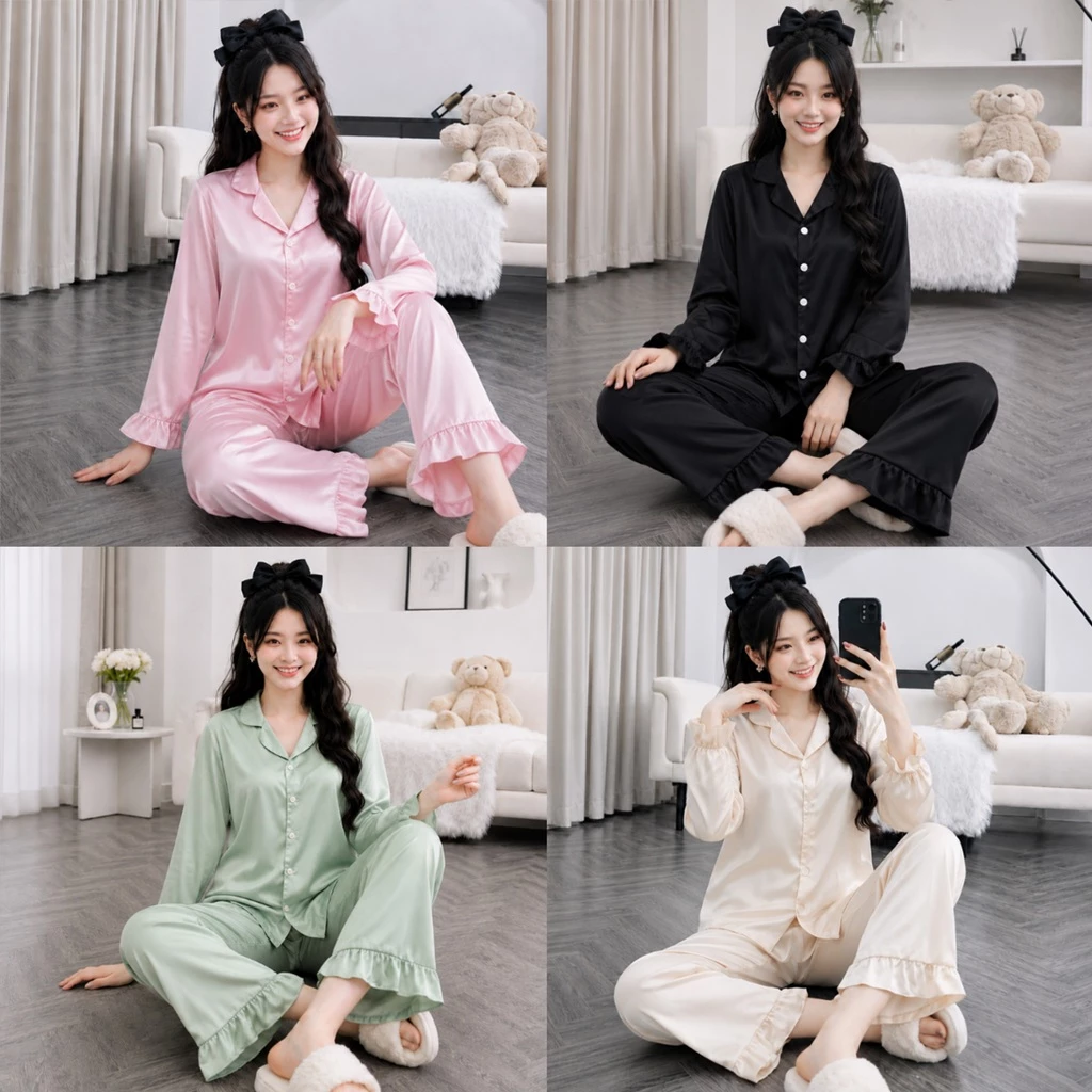 Bộ Ngủ Mặc Nhà Dài Tay, Quần Dài Phối Bèo Lụa Trơn Cao Cấp, Pyjama Mặc Dễ Chịu Thoáng Mát Nhẹ Nhàng B07