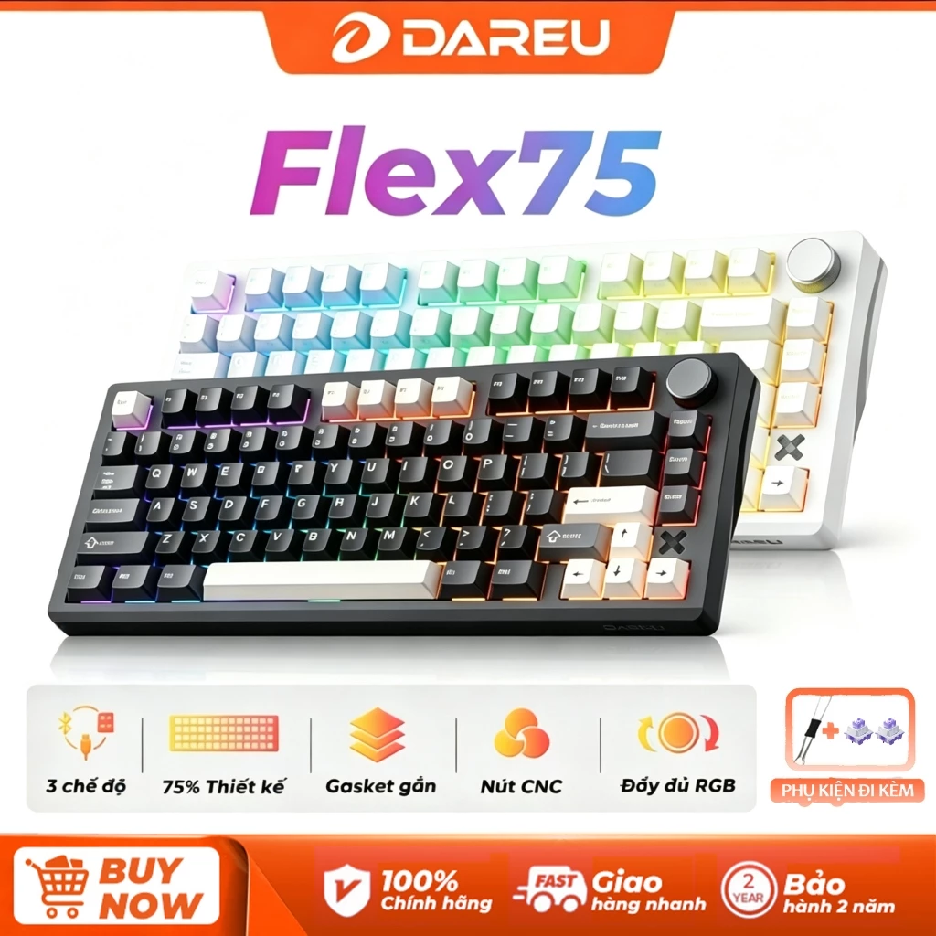 Bàn phím cơ 75% 3 mode có dây DAREU FLEX 75 20 hiệu ứng LED ánh sáng, có hotswap 5 pin, núm xoay đa chức năng