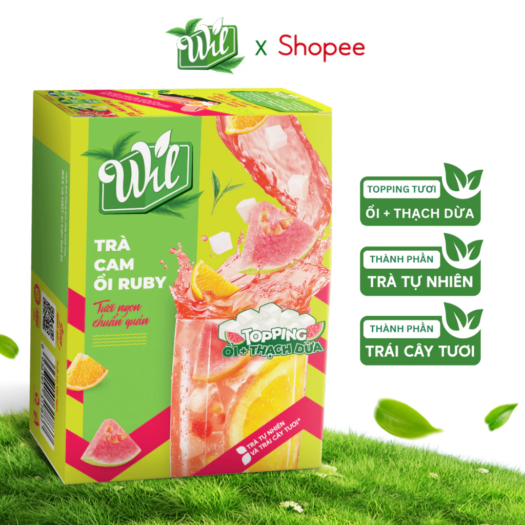 Trà cam ổi ruby Wil – Trà trái cây hòa tan topping cam ổi thạch dừa hộp 5 set