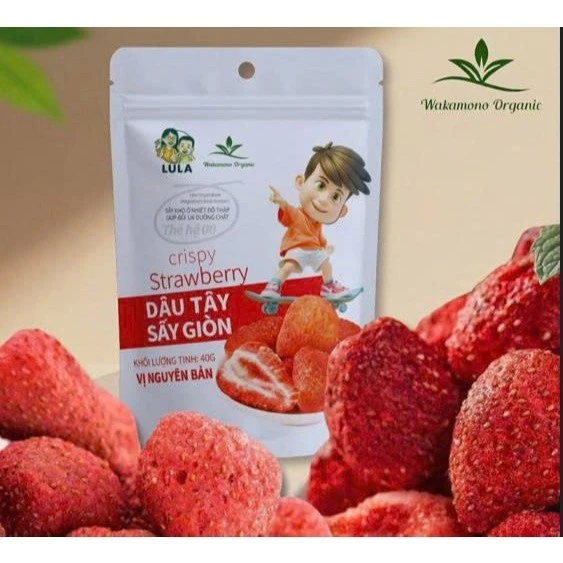 Live Dâu tây sấy giòn Wakamono Organic sấy lạnh thăng hoa, không đường, giòn tan, chua chua, ngọt ngọt.