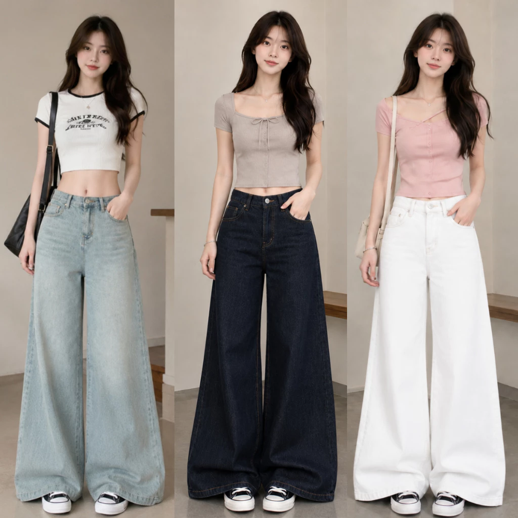 Quần Jean Ống Rộng Suông Loe MIAA màu xám đen Cạp Cao Siêu Tôn Dáng chất bò dáng rộng loe Có Size Cho Nấm Lùn