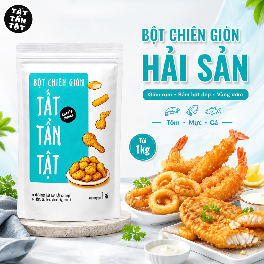 Bột Chiên Giòn Hải Sản Tôm Mực Cá 1kg, Giòn Rụm, Bám Bột Đẹp, Vàng Ươm - TẤT TẦN TẬT
