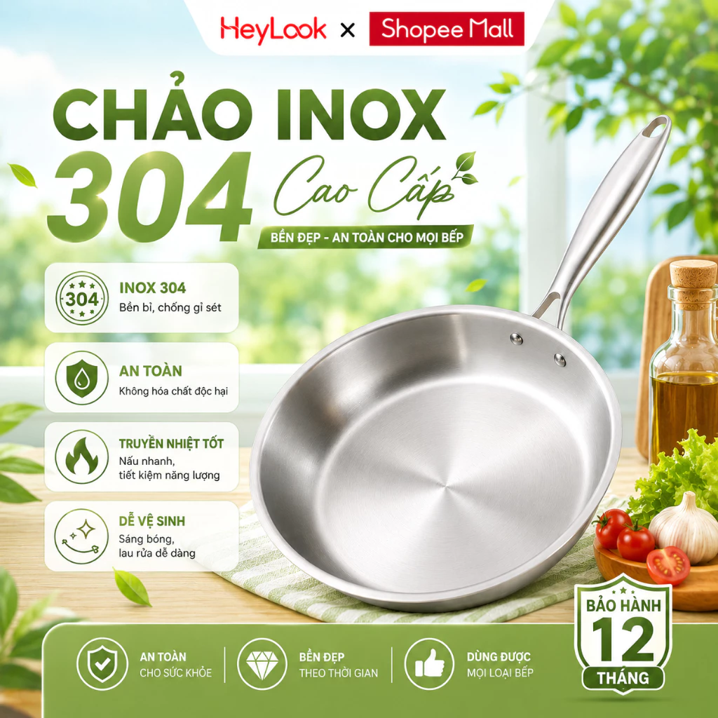 Chảo Inox 304 Đáy Liền Nguyên Khối Cao Cấp, Không Phủ Chống Dính - Bắt Từ Nhạy Bén - Phù Hợp Mọi Loại Bếp