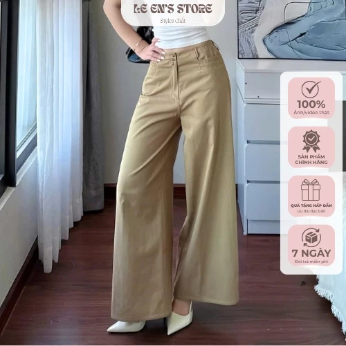 Quần suông nữ cạp trễ vải thô kaki mềm 95cm, quần ống rộng nữ dáng dài basic tôn dáng vải siêu mát-Q142