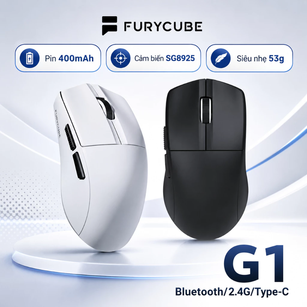 Chuột Gaming FURYCUBE G1, 3 Mode 2.4G/Bluetooth, 4000 DPI, 53g Dùng Cho Game & Văn Phòng Windows/Mac