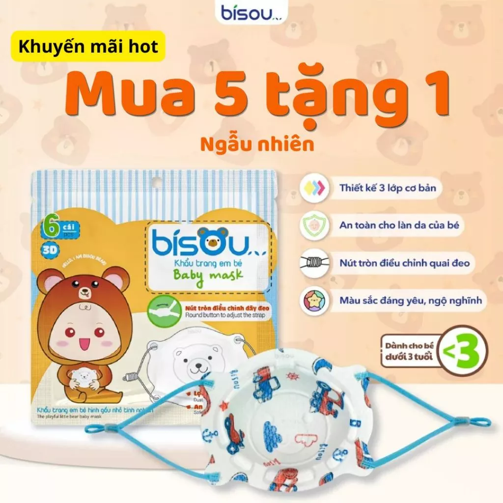 Combo 36 Cái Khẩu Trang Gấu Bisou Cho Bé Họa Tiết Chính Hãng ISO 9001:2015 & ISO 13485:2016