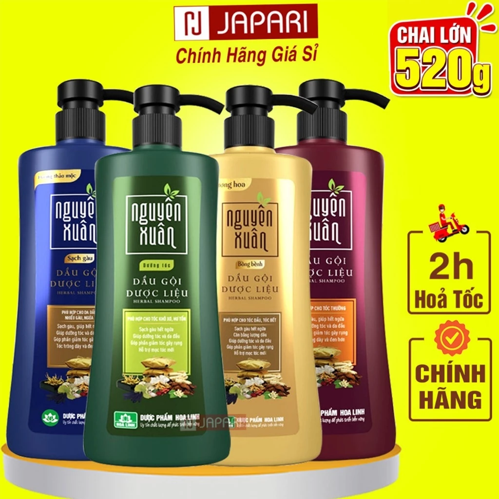Dầu Gội Dược Liệu Nguyên Xuân 520g-Dầu Gội Thiên Nhiên Nguyên Xuân Xanh Vàng Gội Đầu Tóc Dầu Bết Sạch Gàu JAPARI