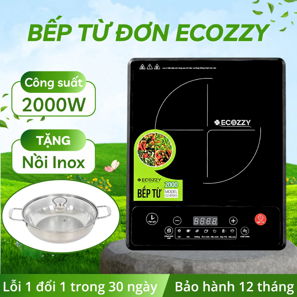 Bếp từ đơn Ecozzy công suất 2000W tặng nồi lẩu INOX, bếp từ 7 chế độ nấu đa năng bảo hành 12 tháng