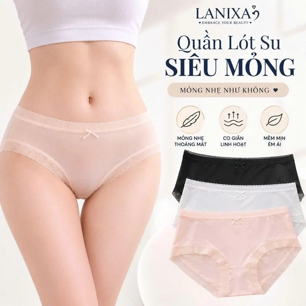 Combo Quần lót nữ lụa băng phối ren siêu mỏng thoáng mát đáy lót cotton kháng khuẩn LANIXA  L369