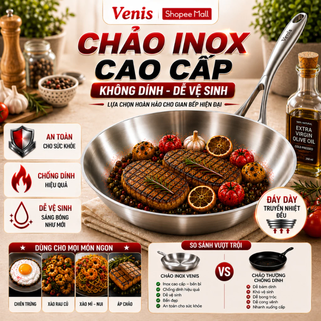 Chảo Inox Cao Cấp 22-26cm Có Nắp Kính/Không Nắp, Chảo Inox Dẫn Nhiệt Đều Dùng Mọi Loại Bếp