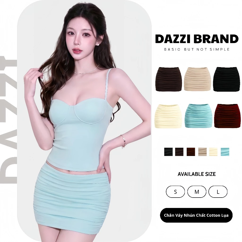 Chân váy ngắn kiểu nhún cạp thấp chất cotton lụa DAZZI V013