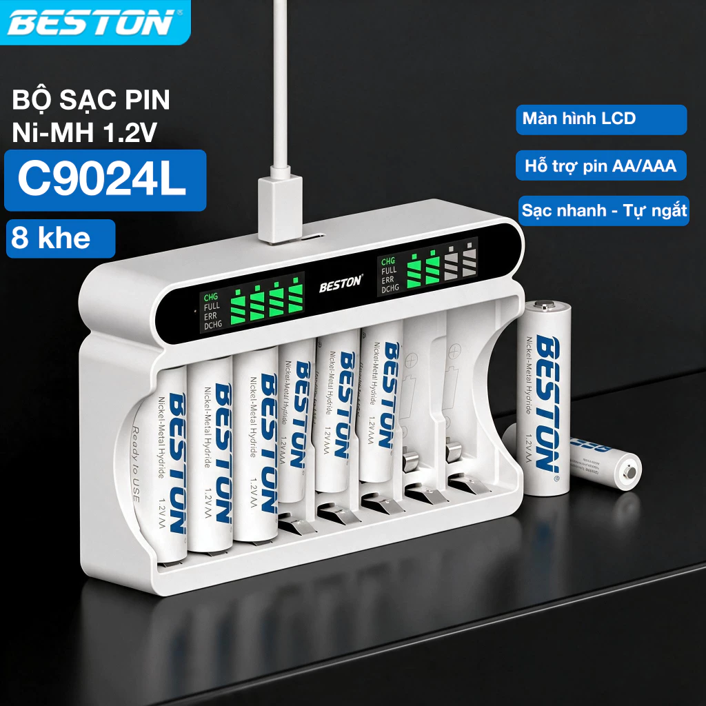 Bộ Sạc 8 khe Beston C9024L cho pin  AA AAA Ni-MH 1.2V sạc nhanh,tự ngắt khi đầy, màn hình LED báo thông minh