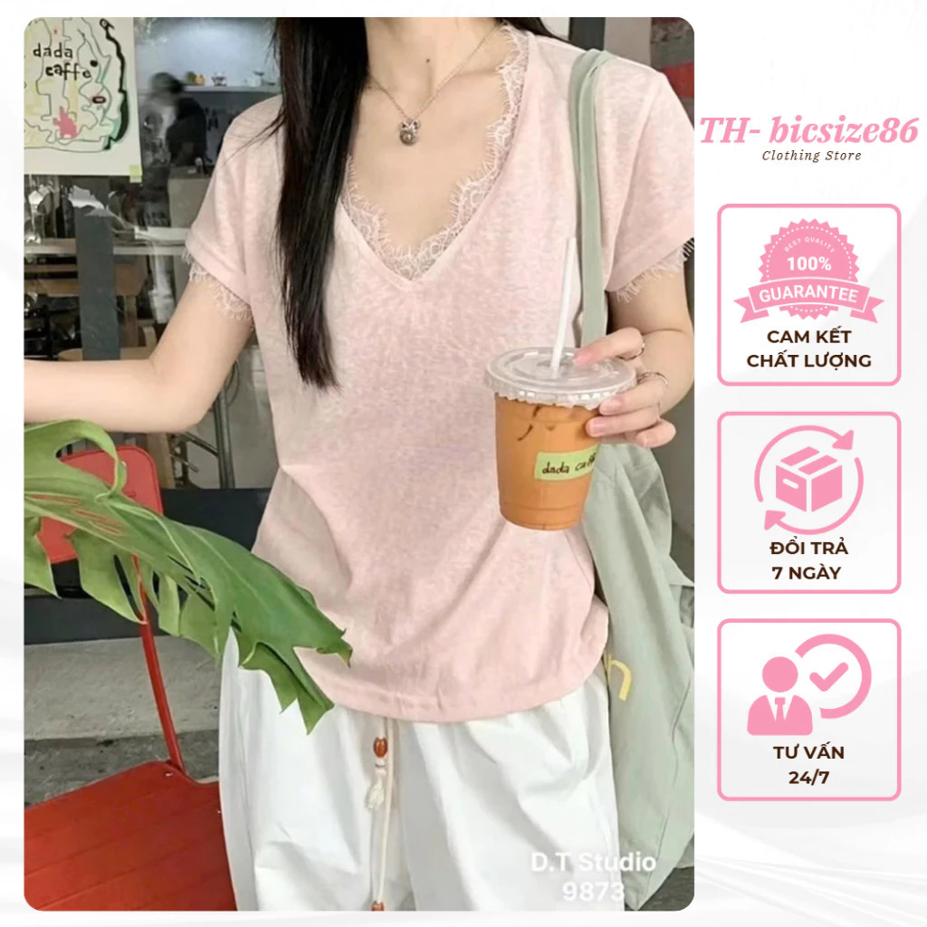 [XẢ KHO] Áo phông cotton giấy mỏng cổ V viền ren form bigsize