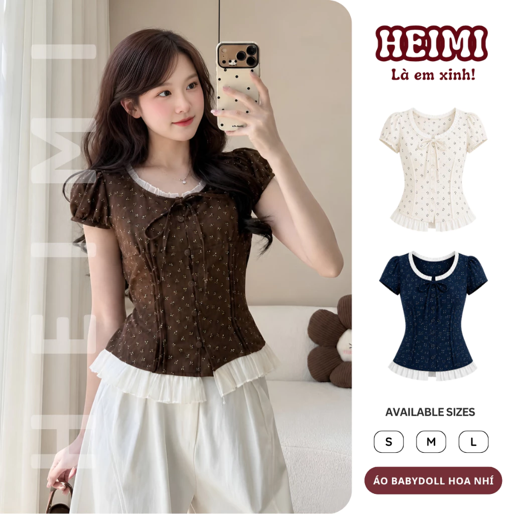 Áo Babydoll Hoa Nhí Phối Viền Tơ Bèo Thắt Nơ Xinh Xắn HEIMI