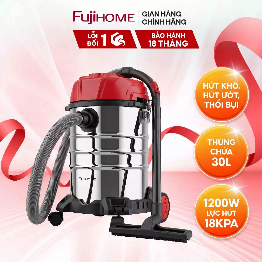 Máy hút bụi khô & ướt Fujihome VC30N dung tích lớn, lực hút 18KPa, thùng chứa 30 lít, thổi tiện lợi