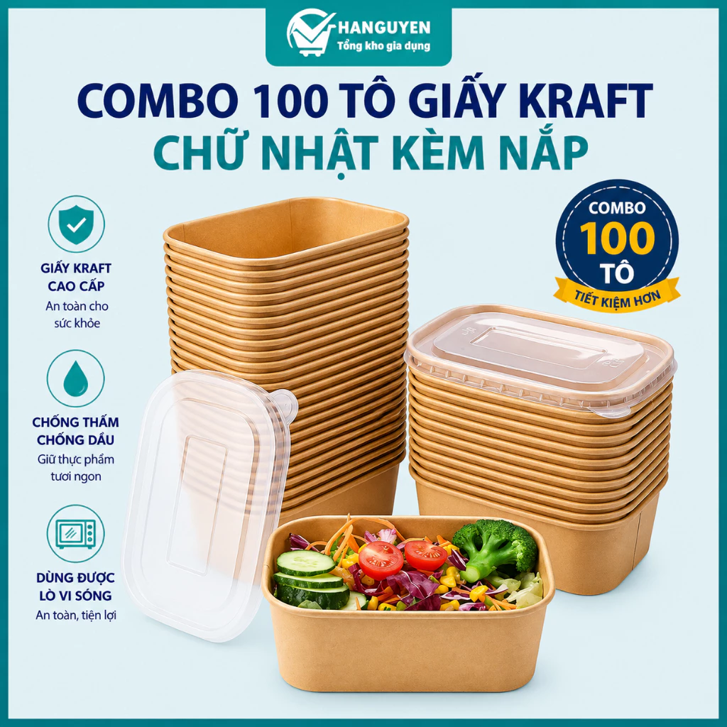 Combo 100 tô giấy kraft nâu chữ nhật kèm nắp nhựa tiện lợi đựng thức ăn mang đi dễ bảo quản
