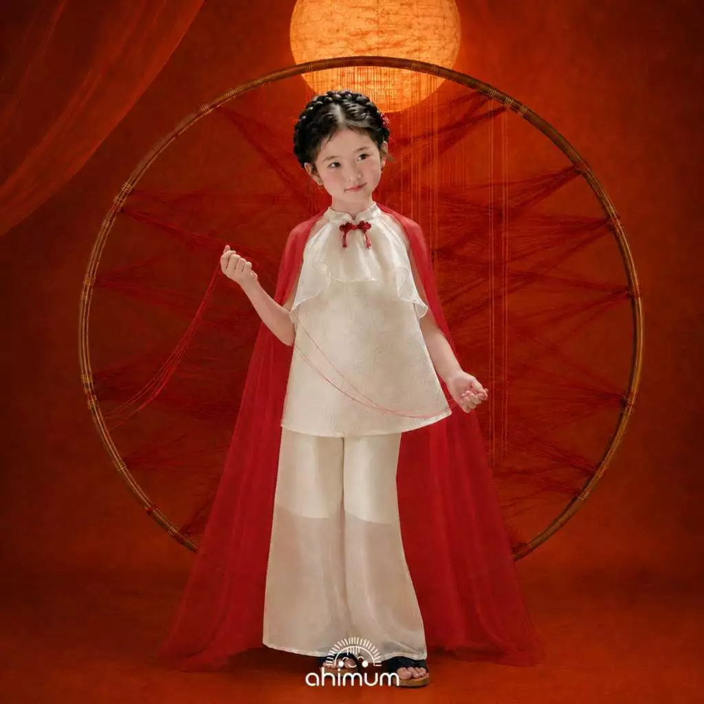 Váy trung thu cho bé gái AHIMUM set váy áo Yếm Mây Chi vải tơ ngọc trai mềm mại Size bé gái 1-11 tuổi