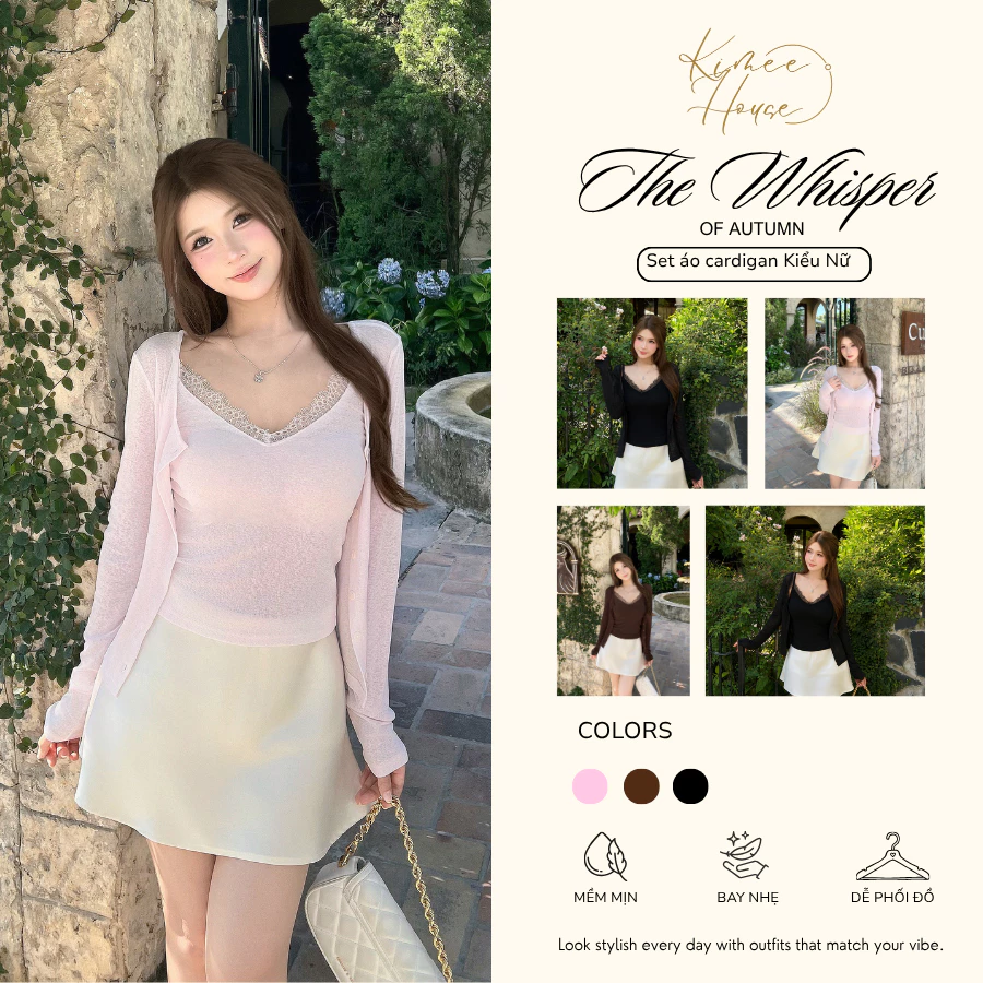 Set Áo Cardigan Chống Nắng Nữ Tay Dài Cổ V Phối Ren Mùa Thu Đông Kimee - KA931