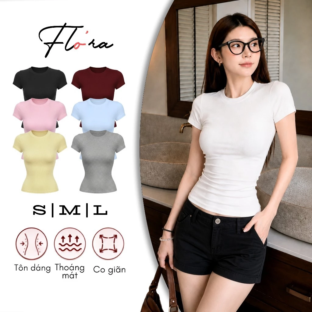[SLIM TEE] Áo Thun Nữ Ôm Body Cổ Tròn Tay Ngắn Basic Chất Borip Lụa DD42, Co Giãn, Mềm Mát Flo'ra
