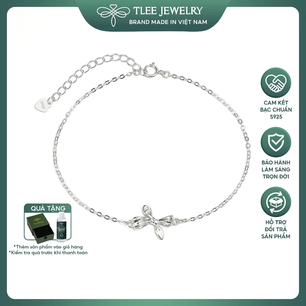Lắc tay bạc nữ TLEE nơ tiểu thư trơn basic nhẹ nhàng, nữ tính TLEE JEWELRY LT0496