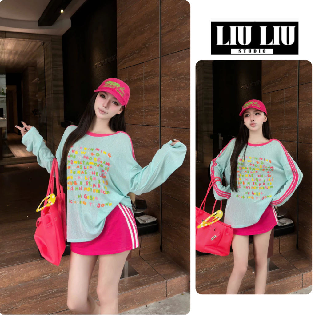 Áo thun giấy nữ tay dài form rộng LIULIU STUDIO L62 xanh mint phối hồng in chữ sắc màu phong cách y2k trẻ trung cá tính