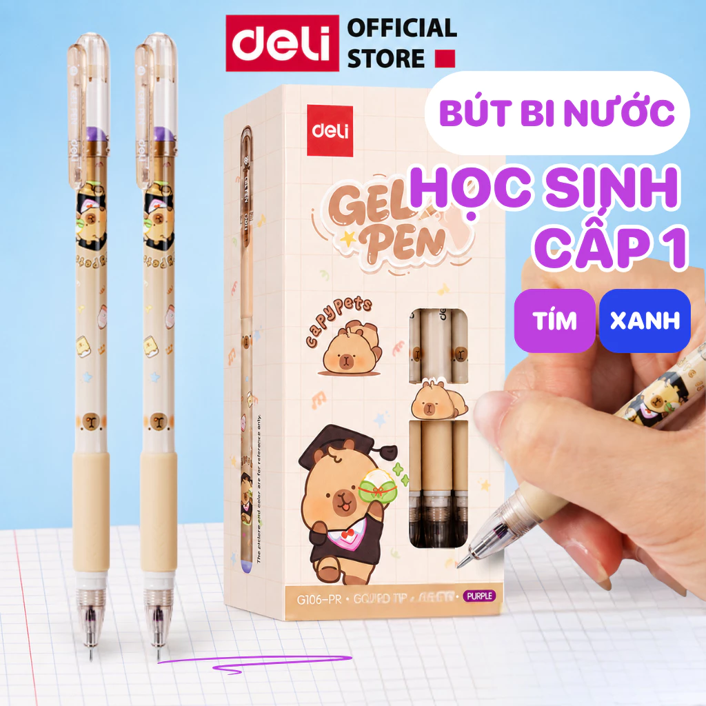 Set 5/10/20 Bút Bi Nước Học Sinh Capybara Deli Ngòi 0.5mm Mực Tím Xanh EG106 - Bút Gel Đệm Cao Su Cho Bé Cấp 1