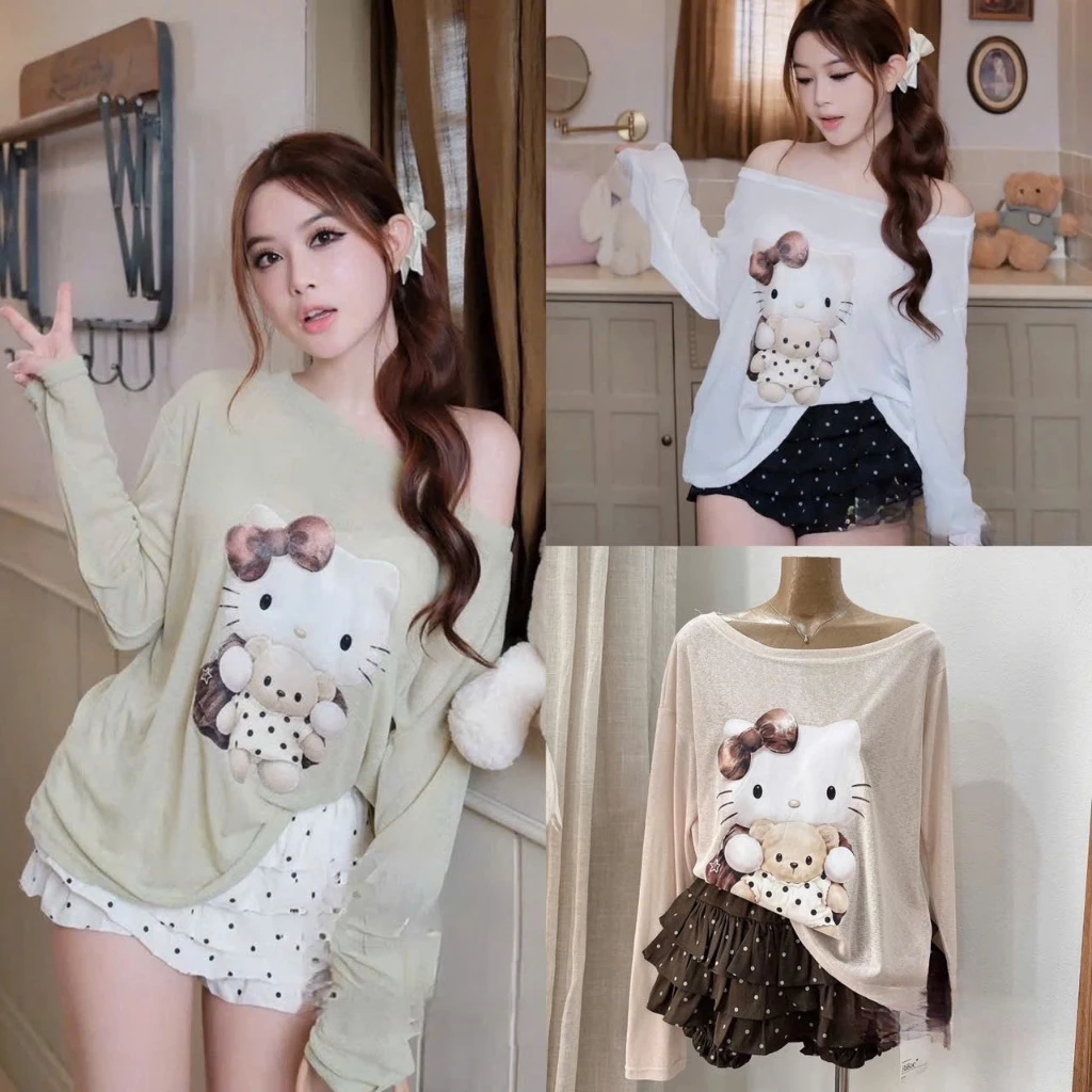 (Set 2 Món): Thun Giấy Trễ Vai Hình Kitty Ôm Gấu Mix Chân Váy Bi Xoè Tầng 3 Màu-Ảnh Thật Lollaye