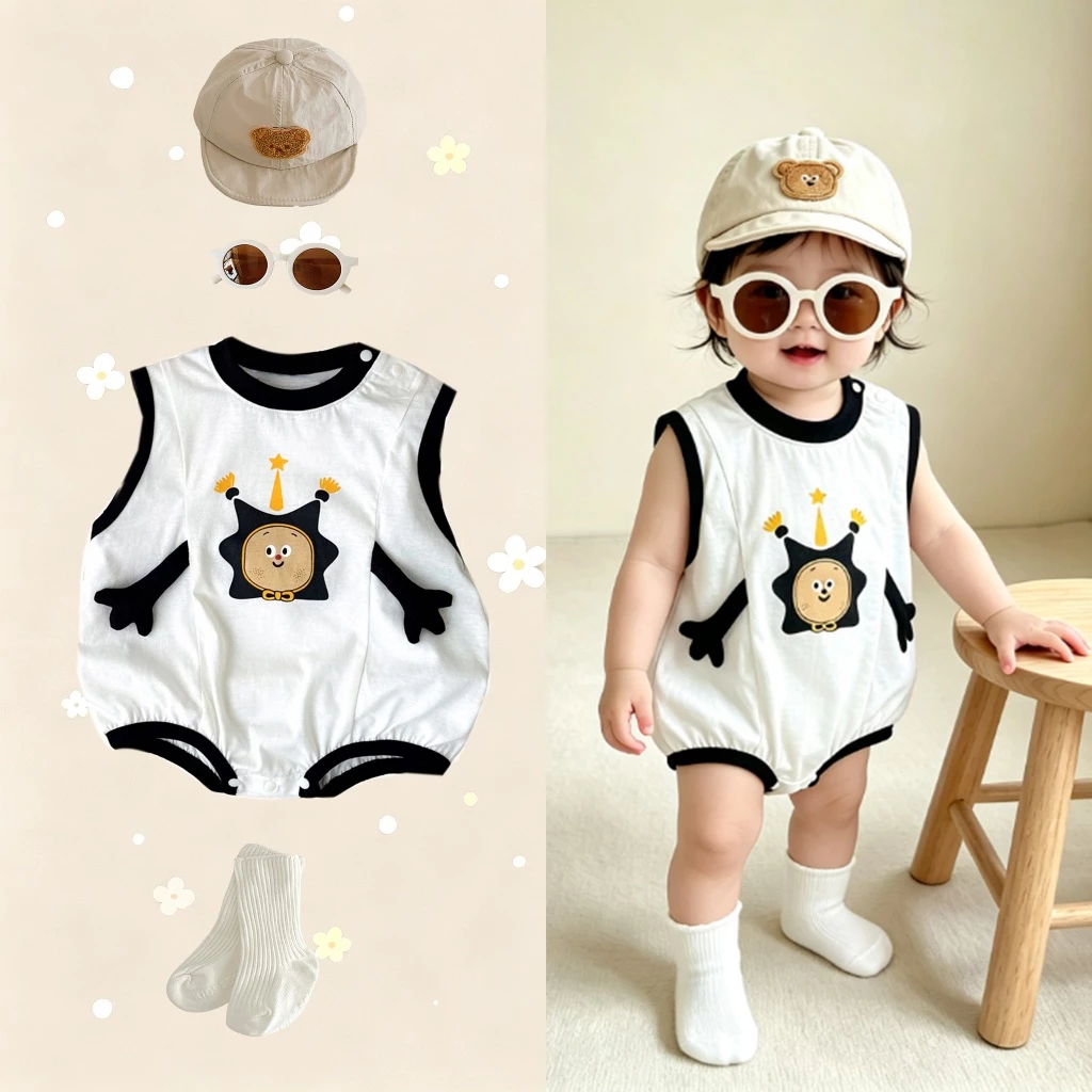 Áo bao mông baby hè chất liệu thoáng mát họa tiết nhân sao siêu dễ thương áo liền thân không tay cho bé 0‑18 tháng