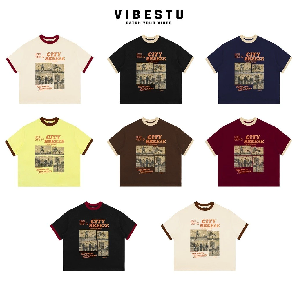 Áo Thun Phối Tay Local Brand VIBESTU " City Breeze ", Áo Thun Boxy Form Rộng Unisex 250Gsm 100% Cotton