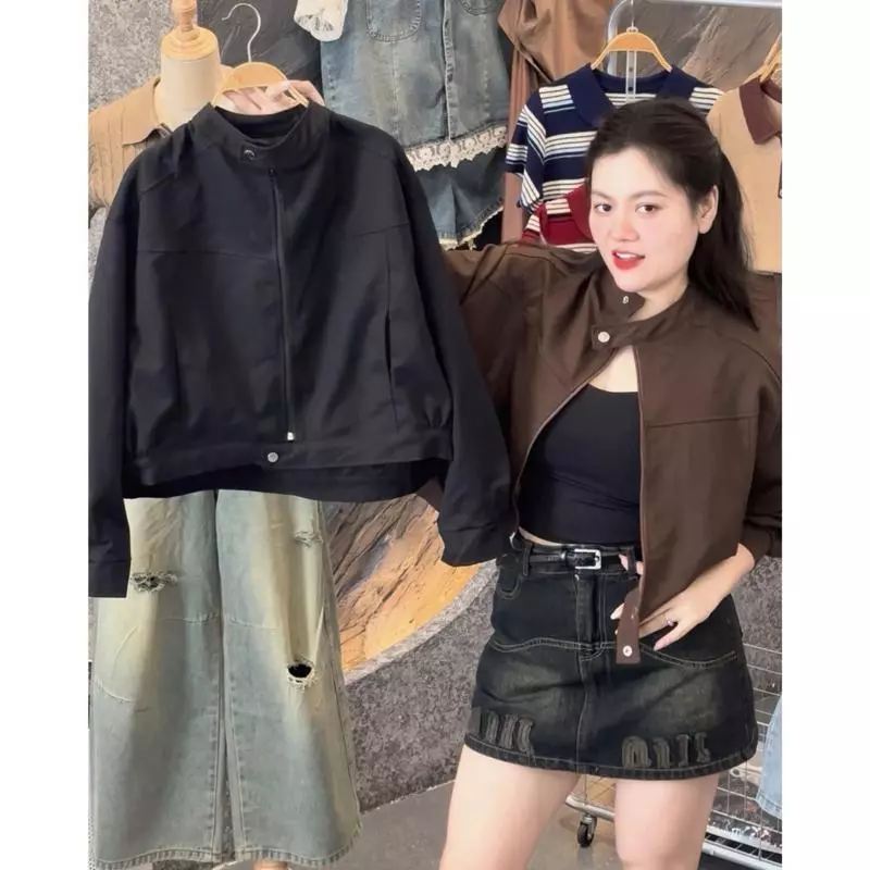391 BIGGSIZE Áo khoác kaki nữ dáng croptop cổ tàu kéo khoá