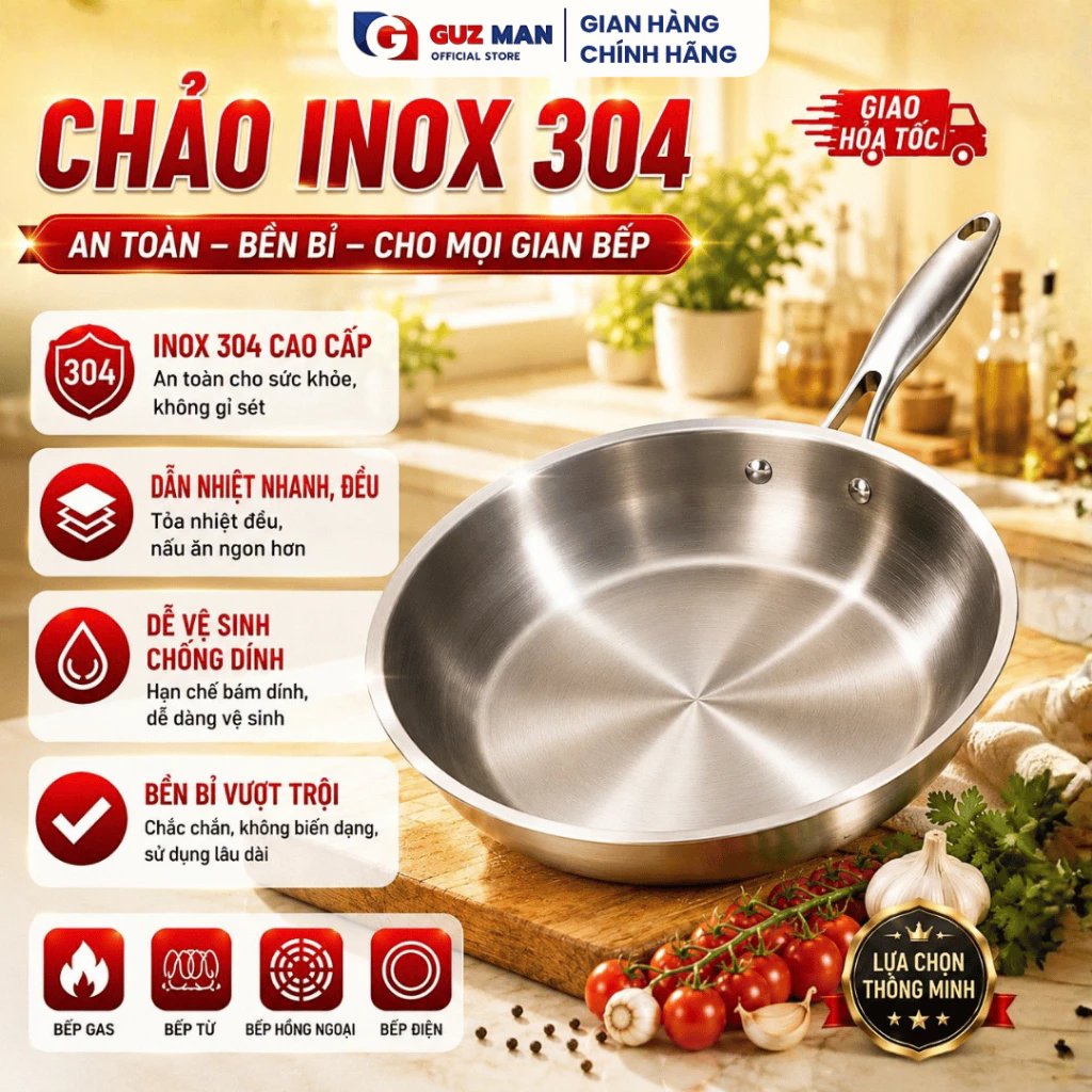 Chảo Inox304 Cao Cấp Nguyên Khối Size 20/22/24/26/28cm Chảo Chống Dính Dùng Cho Mọi Loại Bếp