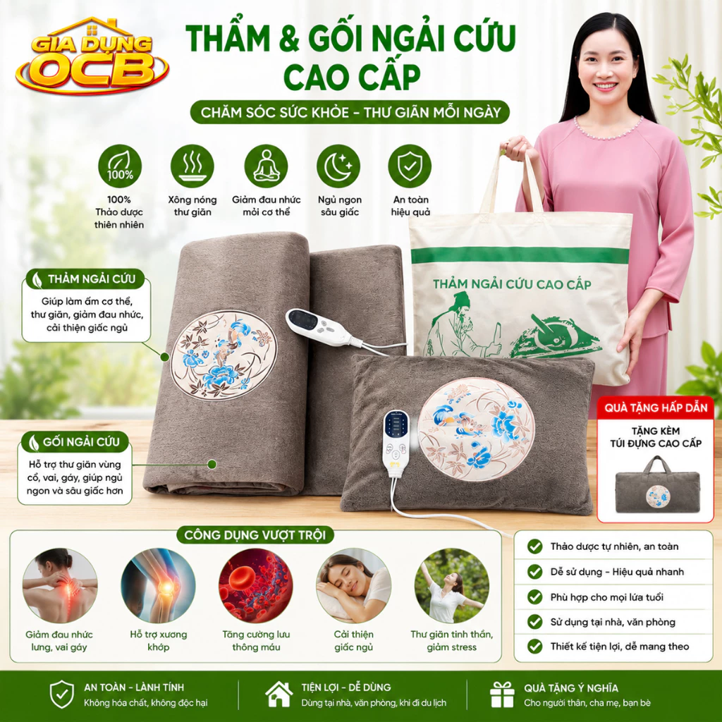 Combo Thảm Và Gối Ngải Cứu Gia Dụng OCB Cao Cấp, Thảm Điện, Đệm Sưởi Ngải Cứu Đông Y Hỗ Trợ Đau Vai Gáy