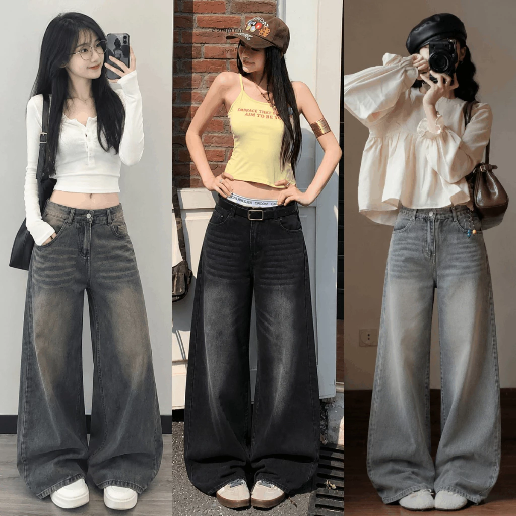 Quần Jean Suông Xám Đen Wash Retro Cạp Cao Dáng Dài Quần Suông Nữ Chất Jean Denim Mềm Ôm Eo Tôn Dáng