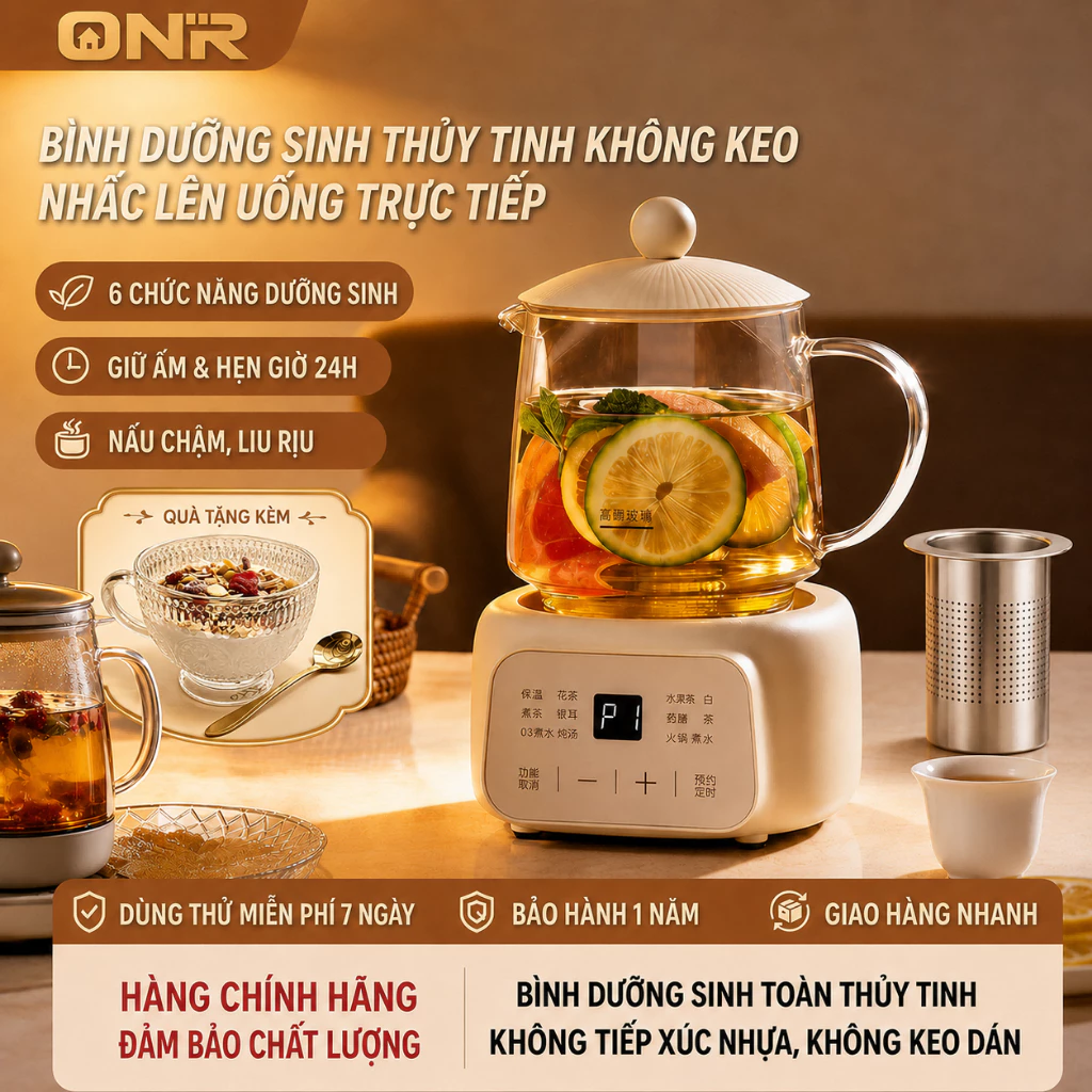 ONR Ấm Đun Nước 600ML, Ấm Dưỡng Sinh Thủy Tinh 400W, Nồi Nấu Chậm Đa Năng 6 Chế Độ