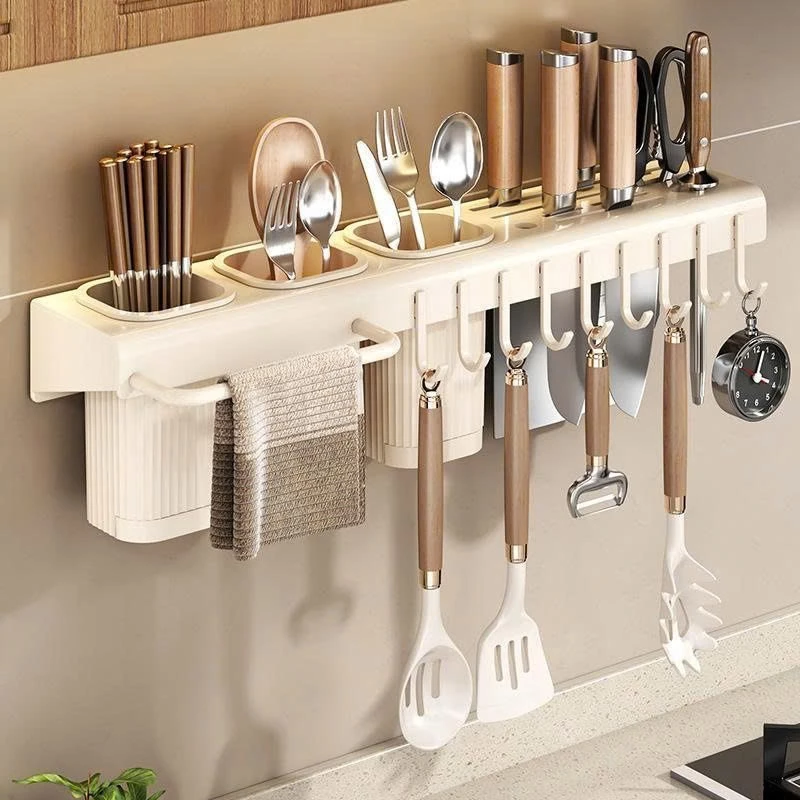 Kệ Treo Đũa Dao Nhà Bếp Đa Năng Kèm Ống Đựng Đũa Thép Carbon, Treo Tường Tiện Dụng, Không Cần Khoan