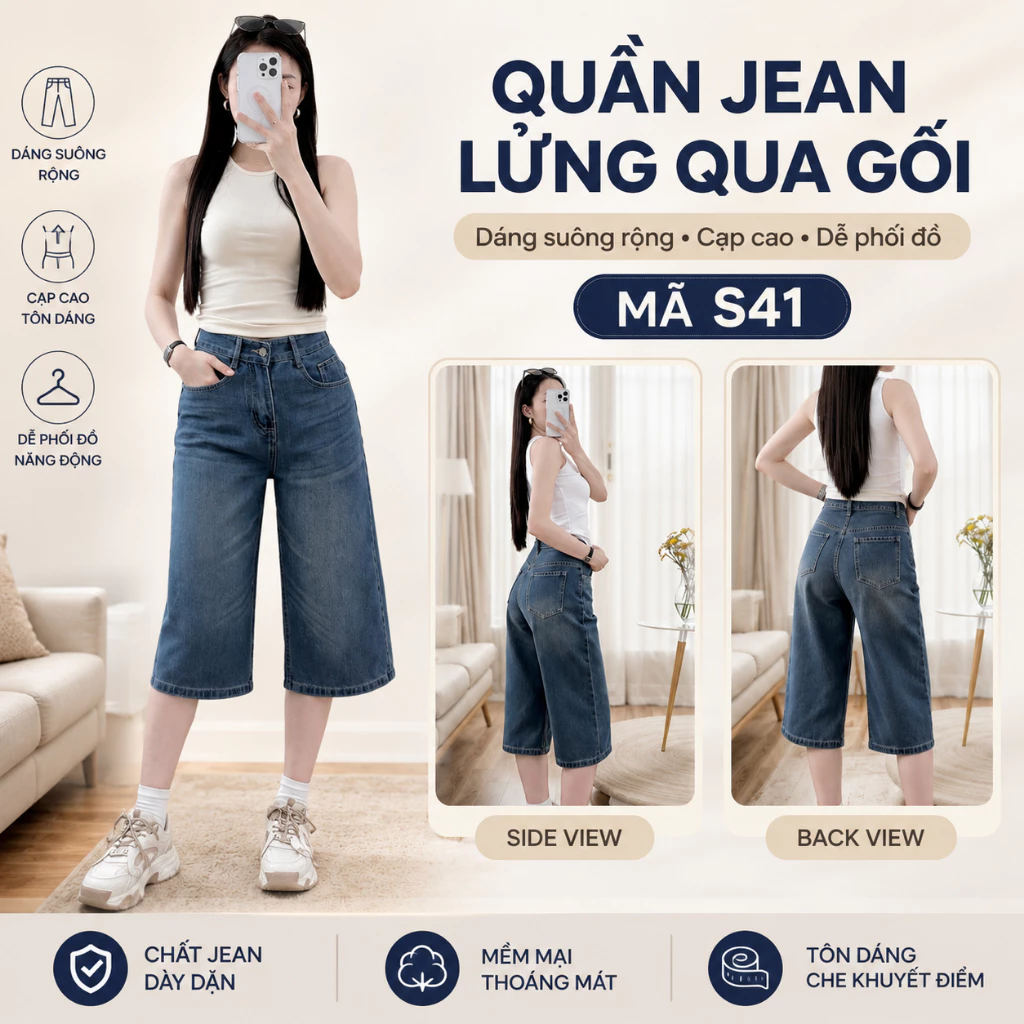 Quần jean lửng nữ wash màu đẹp, lưng cao ống suông form dài qua gối-ADO JEANS (Mã S41)