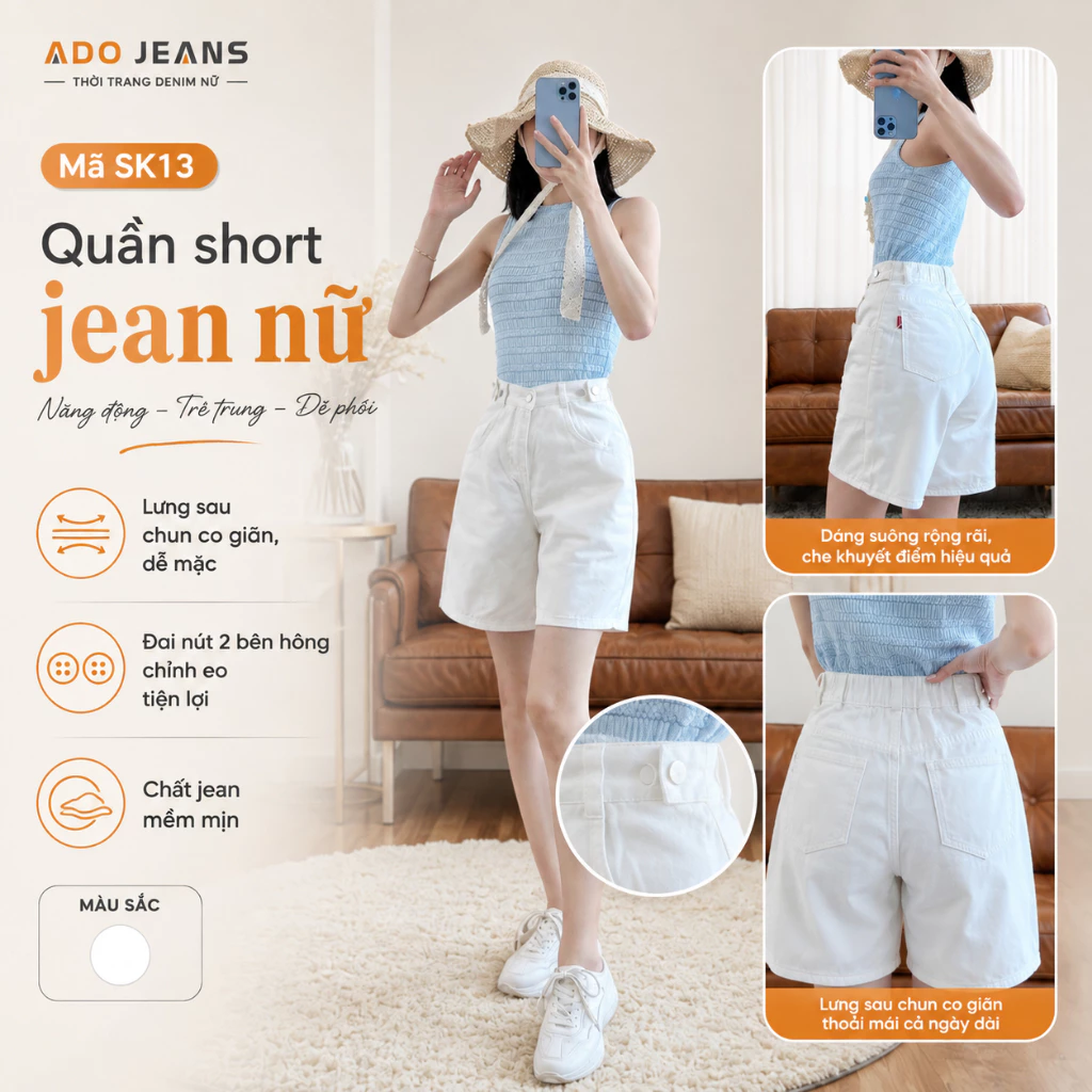[Lưng sau chun] Quần short kaki nữ lưng chun cạp cao ống rộng ADO JEAN SK13