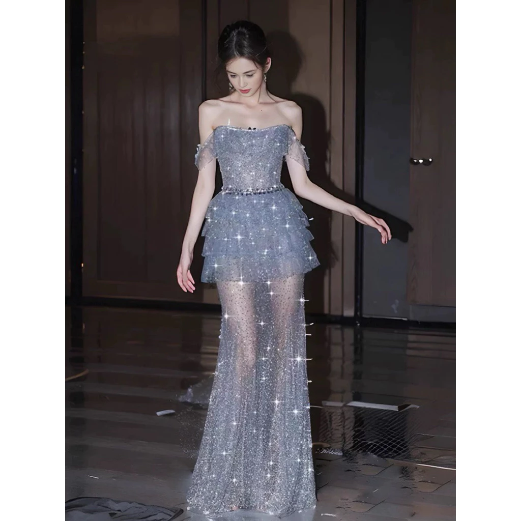 Đầm Dạ Hội Dài Lấp Lánh Màu Bạc Cổ Trễ Vai Đính Đá Dáng Xòe Tôn Dáng Dự Tiệc Gala Sự Kiện