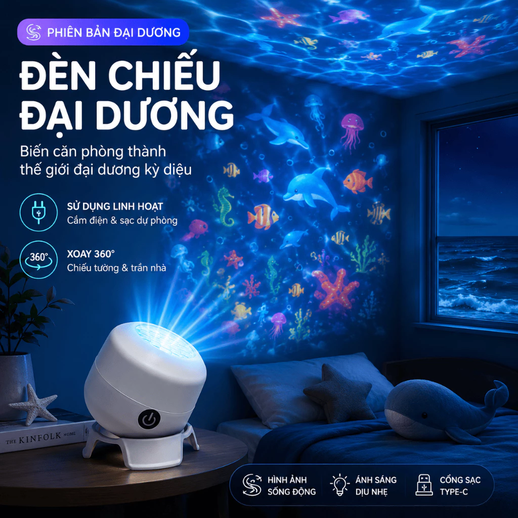 Đèn Chiếu Đại Dương Mini Cho Bé, Đèn Ngủ Chiếu Trần Hình Cá Heo Sinh Vật Biển, Đèn Decor Phòng Ngủ, Ánh Sáng Lung Linh