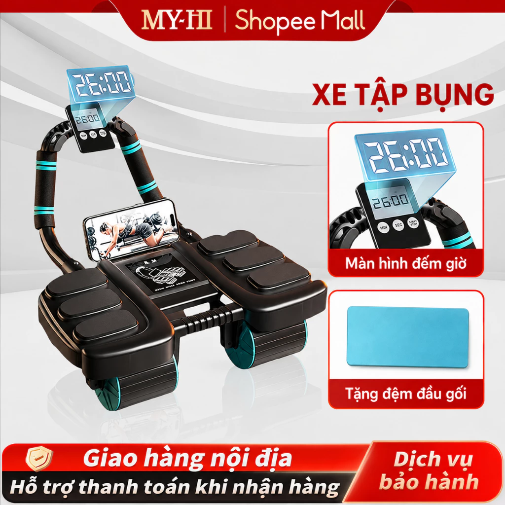 Con lăn Tập Cơ Bụng Trợ Lực Thế Hệ Mới con lăn tập bụng 4 bánh 4 Bánh Chống Đổ Tự động đàn hồi Tập cơ bụng
