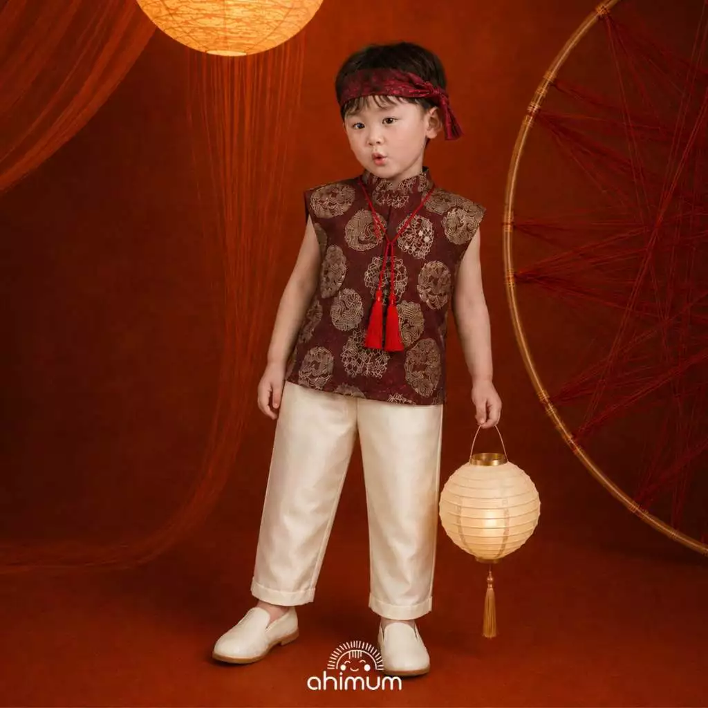 Set đồ trung thu bé trai AHIMUM bộ đồ quần áo bé trai BÁCH ĐAN vải gấm taffeta mềm mại giữ form