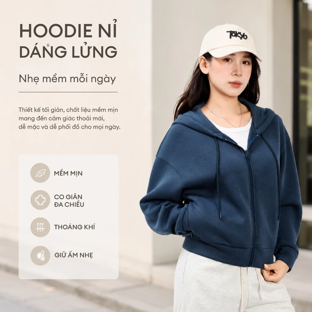 [LIVE] Áo Khoác Nỉ Hoodie Zip Nữ Form Boxy Regular Fit Vải Cotton Mềm Mại Thoáng Mát 40005970